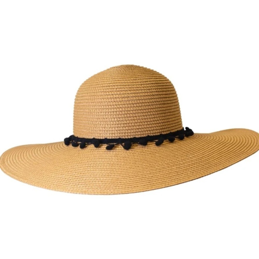 Hundred hearts straw oversized sun hat with black poms around the crown